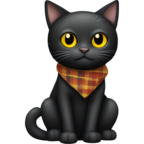 A black cat with yellow eyes is wrapped in a plaid emoji