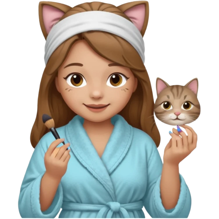 A image of a girl with light long brown hair wearing a bathrobe and headband doing her makeup with her chubby grey tabby cat. She is smiling emoji
