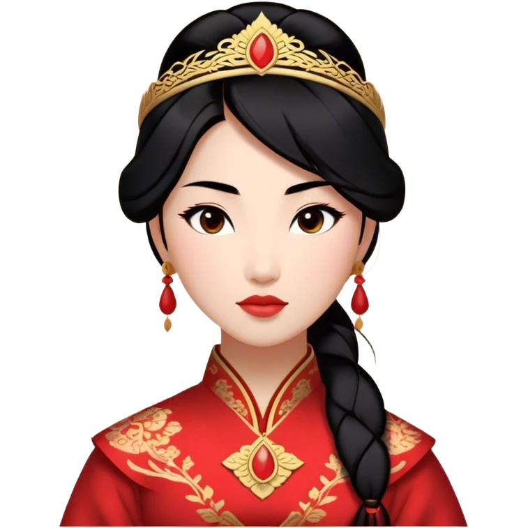 Cinematic Majestic Mulan Portrait Emoji, rendered in a clean, vector-style with bold, simplified shapes. Depict Mulan with a serene, noble expression, warm light skin, and neatly styled black hair, dressed in traditional attire featuring subtle red motifs and gold trim. The image glows with a calm, majestic aura, high shine, and a soft glowing outline, embodying classic elegance. emoji