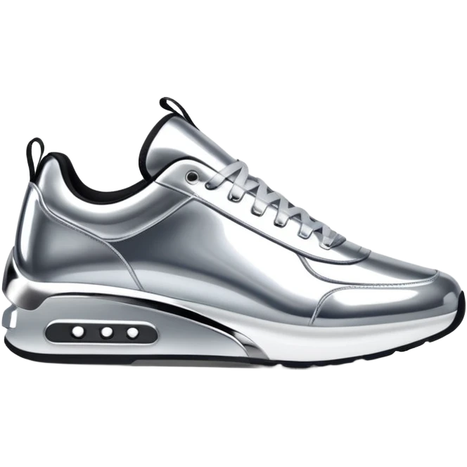 A pair of futuristic sneakers emoji made of silver chrome, sleek streetwear design, smooth metallic panels, subtle reflections, luxury swag aesthetic, iOS emoji style, centered, clean white background emoji