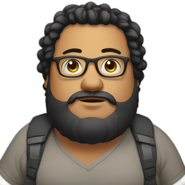 Short man with lots of black hair and beard, very fat with glasses in his hair, dressed like a bum. emoji