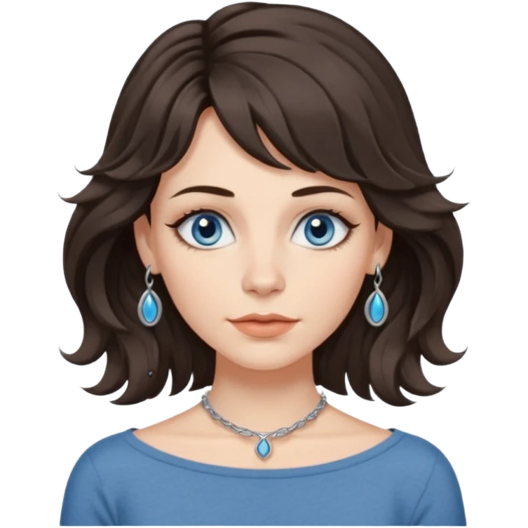 emoji of a woman with long wavy brunette shag haircut, blue-grey eyes, boatneck top, septum piercing emoji