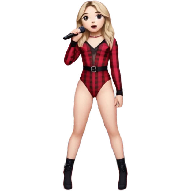 Sabrina carpenter singing at concert wearing a black and red plaid bodysuit  with red sheer top over it with huge crowd and light pink stage setting  emoji