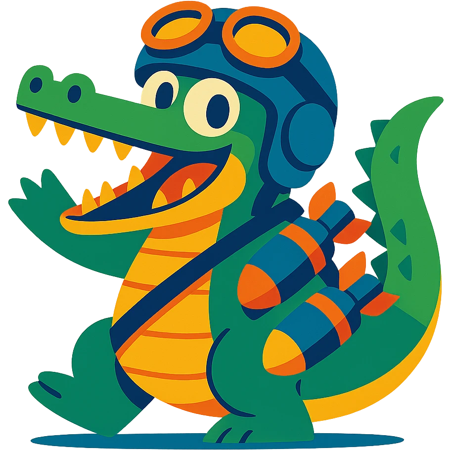 a crocodile with a pilot helmet and bomb accessories, energetic, fun illustration, vibrant colors emoji