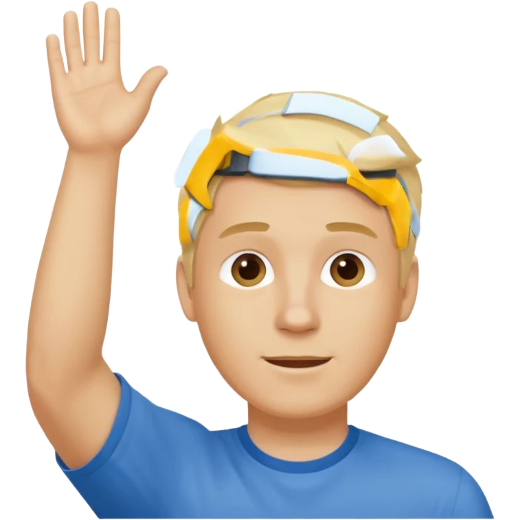 blond haired man with hand raised to volunteer emoji