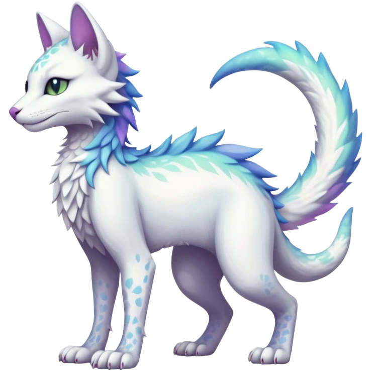 Kawaii white iridescent edgy fantasy feline-vernid-sergal-fursona animal creature with a tufted tail full body with intricate markings  emoji