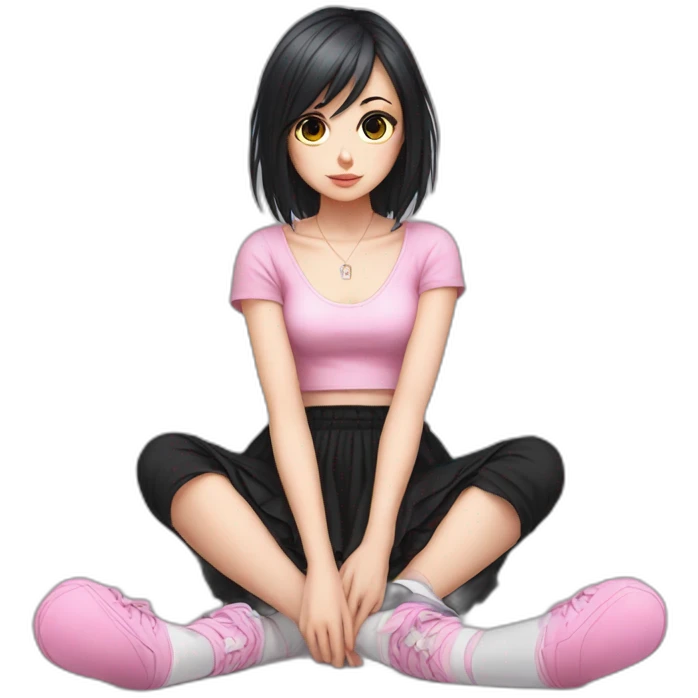 full body Front view emo girl sits on the floor black skirt pink knickers emoji