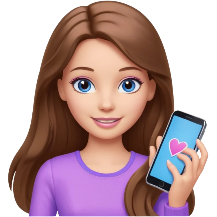 beautiful barbie girl with long brown hair, blue eyes and wearing light purple clothes playing games emoji