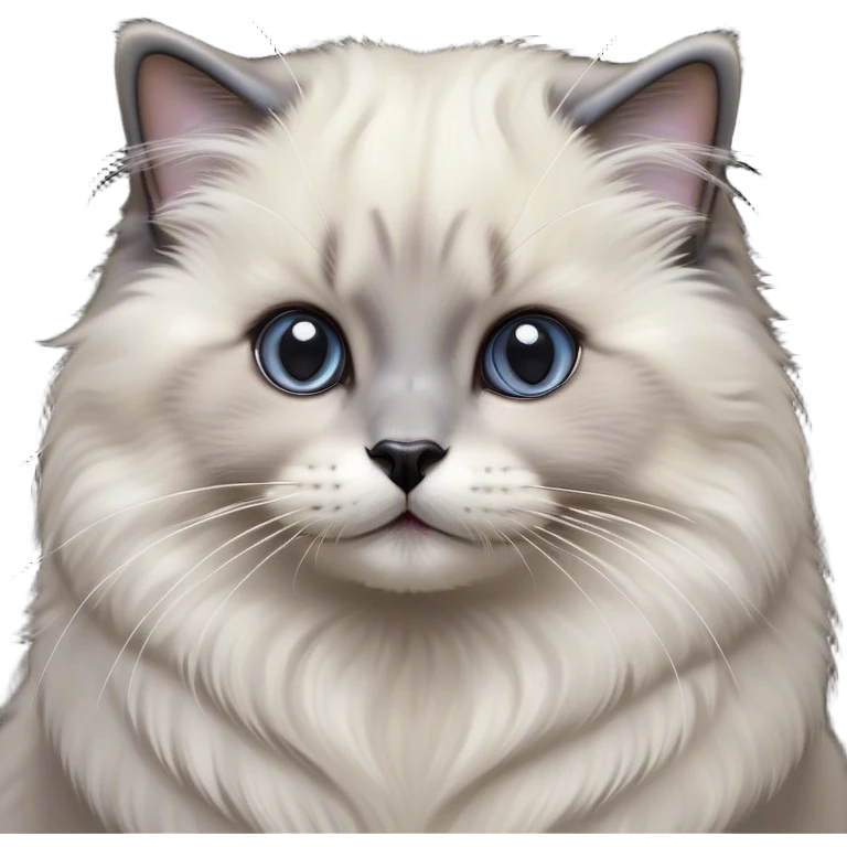 Cinematic Adorable Fluffy Grey Seal Ragdoll Cat Portrait Emoji, Head tilted cutely with big, sparkling eyes, soft grey fur with darker seal points on the ears, face, and paws, Simplified yet irresistibly adorable features, highly detailed, glowing with a soft, warm glow, high shine, affectionate and playful, stylized with a touch of whimsy, bright and endearing, soft glowing outline, capturing the essence of a curious and loving kitten, so cute it feels like it could leap out of the screen and snuggle up for a cuddle! emoji