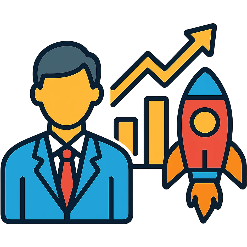 Business person with rocket launch and upward trending chart emoji