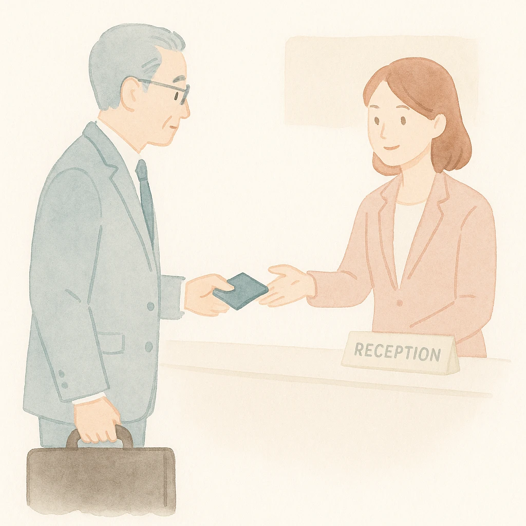 soft watercolor illustration in a minimalist modern style, Japanese older man in a suit arriving at a hotel reception desk, female receptionist asking for his passport, pastel colors, delicate linework, gentle whimsical mood, minimal soft shading emoji