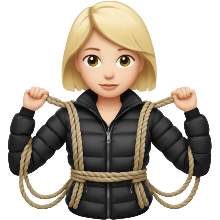 blond female emoji wearing a black down jacket, arms behind the back and ropes tying it emoji