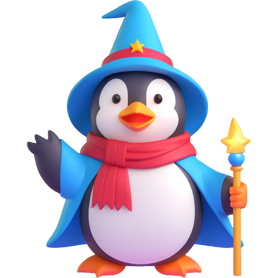 3D emoji of a penguin wearing a wizard hat and cape, holding a glowing wand emoji