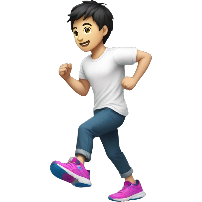 teen guy asian with short black pants, white shirt sarcasm imprint, colorful teel blue and magenta running shoe emoji