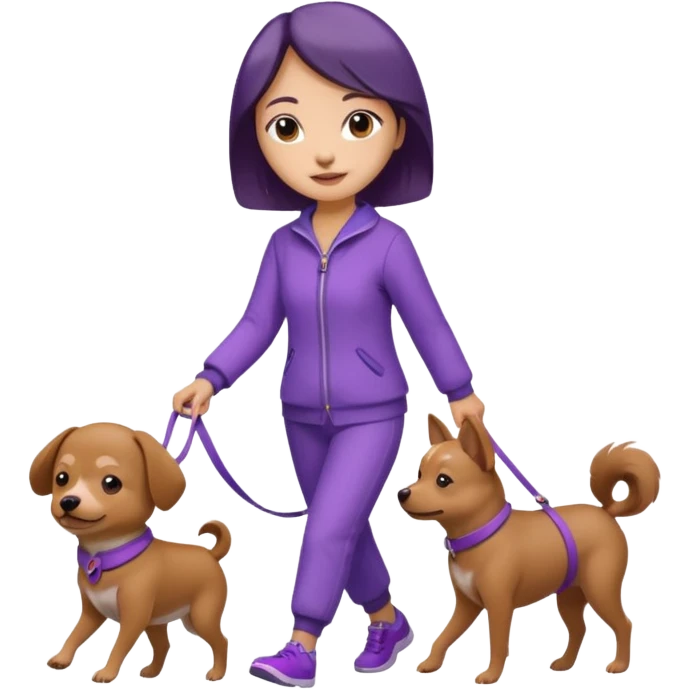 Chinese woman wearing purple outfit walking one small brown dog emoji