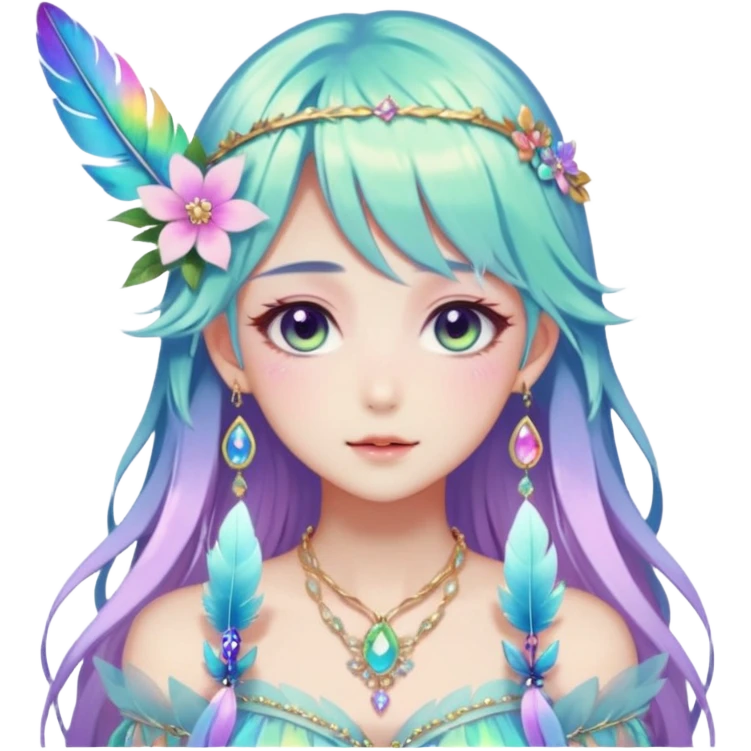 Beautiful gorgeous anime lady with beautiful iridescent-special-hair, fashion aesthetic, ethereal, fairycore, pastelcore, feather, flower, gems, accessories, jewelries, gold, colorful emoji