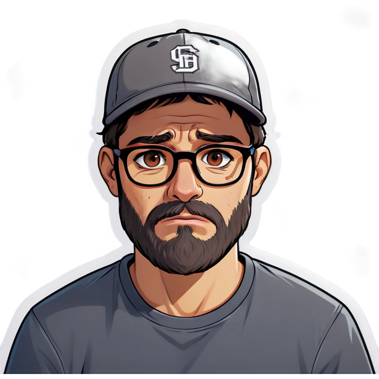 A man with a grey baseball cap, hazel eyes, big dark brown beard and glasses, crying emoji