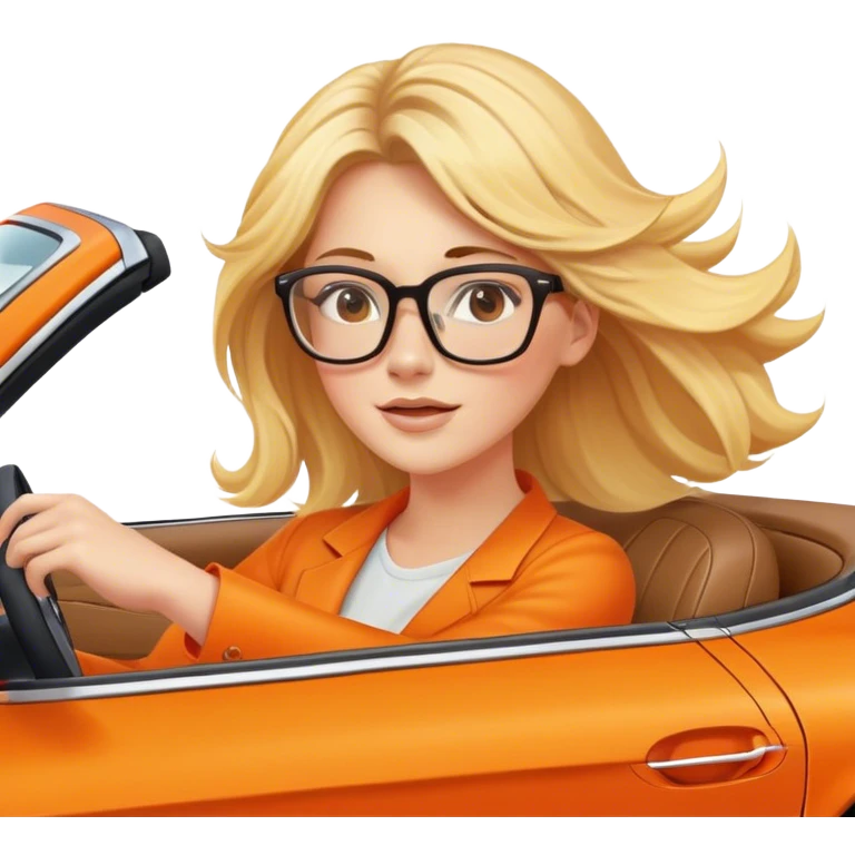 Cinematic realistic blonde with glasses, driving an orange Mercedes car, her hair fluttering slightly in the wind emoji
