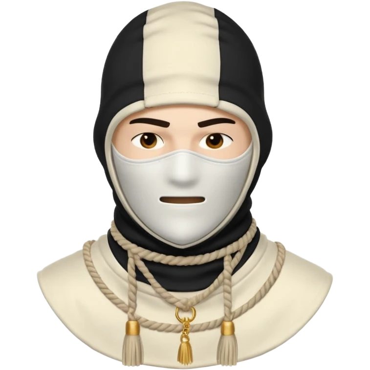 Deconstructed off-white balaclava with frayed layers, rope tassels, subtle embroidery. Studio photo, white bg, soft light. Streetwear luxury style.
 emoji