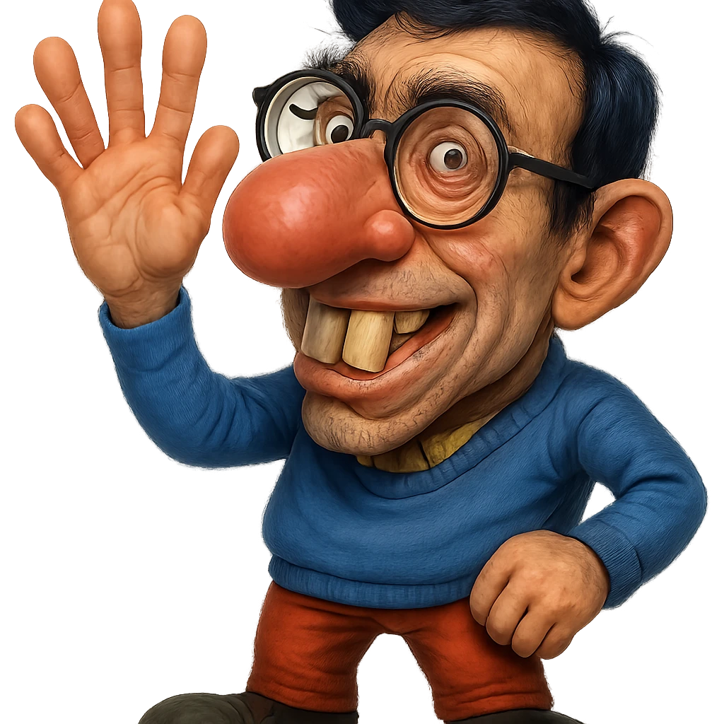 Make this character look like a nerd with an even bigger nose, buck teeth, glasses, and more realistic features. Keep the hand visible. Style should be semi-realistic, nerdy, expressive, with no background. emoji