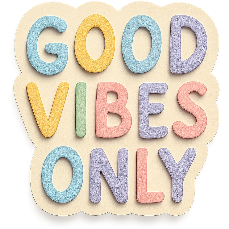"Good Vibes Only" in rainbow soft pastel hand-drawn lettering, cute kawaii sticker style, soft shadows, isolated on transparent background emoji