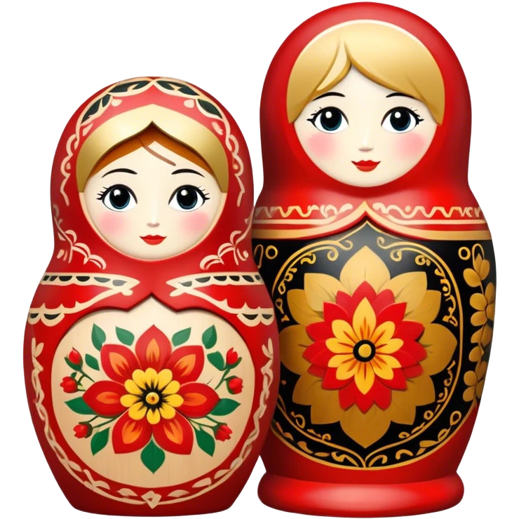 Wood painting icon, painted wooden matryoshkas (nesting dolls) of various sizes, vase, small wooden box, visible carving tools, paintbrushes, traditional patterns in bright colors like red, gold, and black, no finished artwork, just the crafting process, minimalistic style, clean lines, transparent background. emoji
