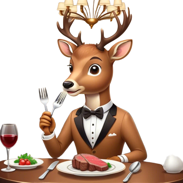 A deer wearing a fancy bowtie, sitting at a restaurant table, eating a steak with a fork and knife, surrounded by elegant decor, in a playful and cartoonish style. emoji