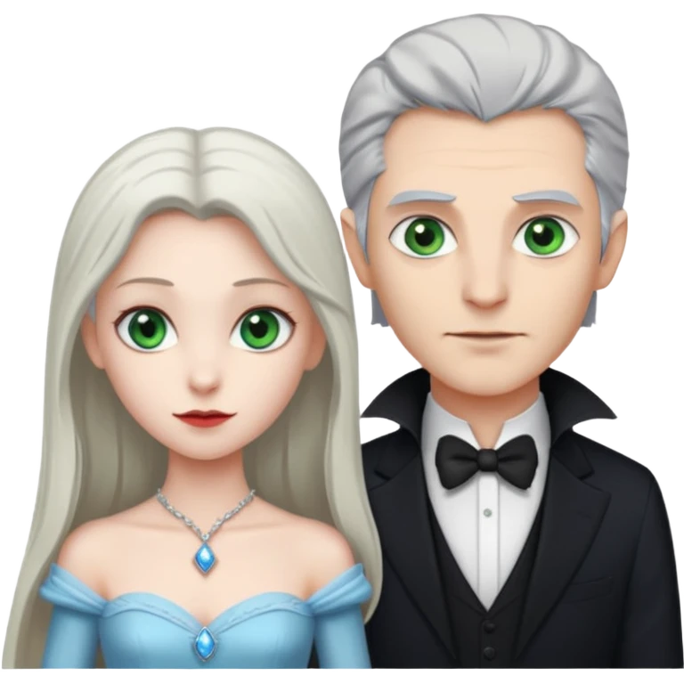 A tall vampire man with gray hair and blue eyes standing by a princess with light brown hair and green eyes emoji