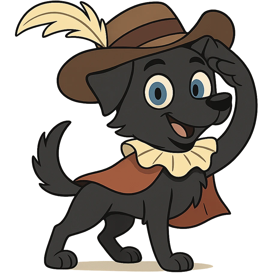 A cute small dog with sleek black fur, bright blue eyes, and a playful expression, dressed as a musketeer. The dog is wearing a classic musketeer hat with a feather, a tiny cape, and a ruffled collar. The dog is playfully saluting with a paw raised in a noble gesture. emoji