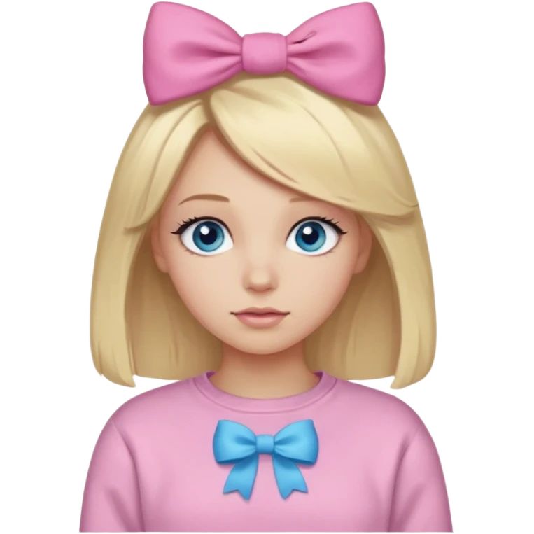 Emoji blonde girl with blue eyes and she has a very soft sweatshirt, she also has a pink bow in her hair and beautiful long eyelashes emoji