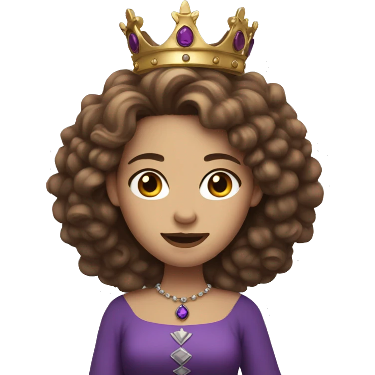 Queen with a purple crown, pale skin, long brown curly hair emoji