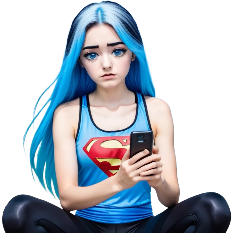 Shameful disappointed crying-very very very very big chest-texting on a samsung cell phone-very long straight flowing black to sky blue hair ombre-blue eyes-black eyeliner-long eyelashes-plastic sparkling sky blue very low cut tank top with sparkling superman logo-black leggings-nike sneakers emoji