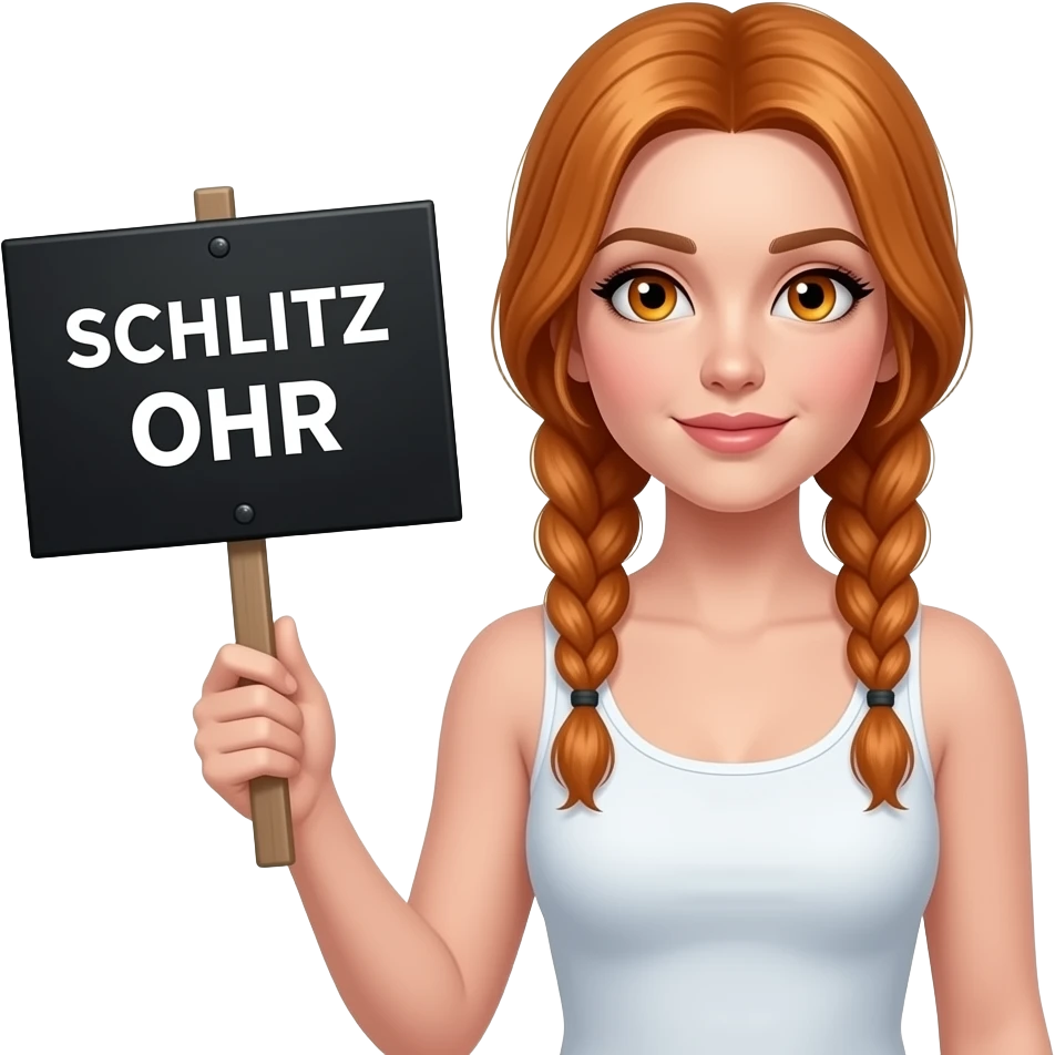 sexy girl with long ginger braids and ginger eyes wearing a white tanktop is holding a black sign with SCHLITZ OHR written on it emoji