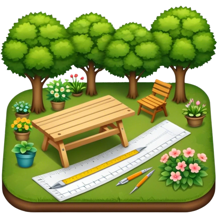 Icon for Landscape Design: a garden layout with trees, plants, pathways, and outdoor furniture, along with design tools like a ruler and sketchpad. The icon should represent the creativity and planning behind landscape design. Transparent background. emoji