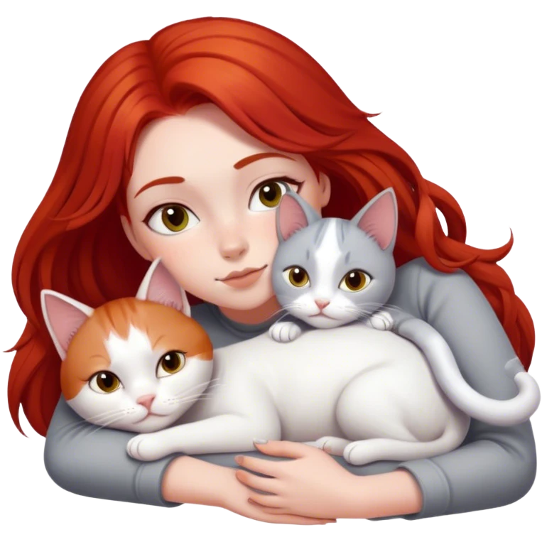 Girl with red hair laying down cuddling grey and white cat  emoji