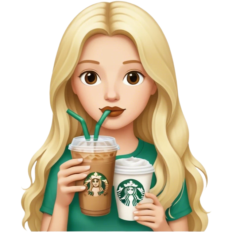 Long blonde model sipping a Starbucks iced coffee emoji