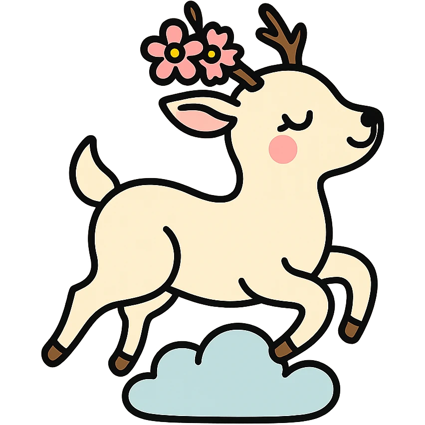 feminine adult vanilla cloud doe with rosy cheeks and cherry flowers, floating gracefully, minimalist style, brand identity, social media emoji