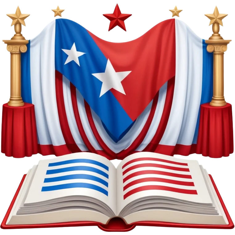 Open book about theatrical scenography with the Puerto Rican flag integrated into its pages, showing theater stage designs in red and blue colors with a white star emoji