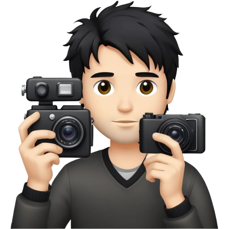 a man with black messy hair with one camera taking a photo emoji