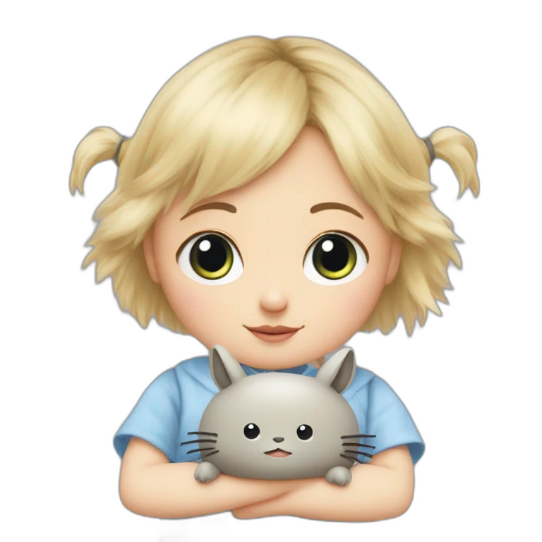 bébé fille blonde décoiffée aux yeux bleus avec une peluche Totoro  emoji