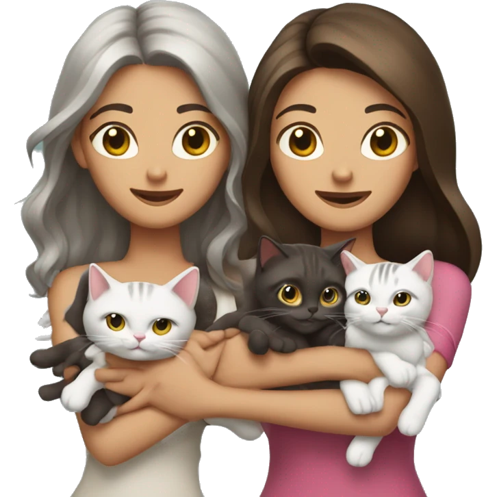Two ling hair brunettes and three cats in their hands emoji