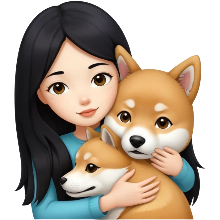 A beautiful girl with long black hair hugs a Shiba Lnu emoji