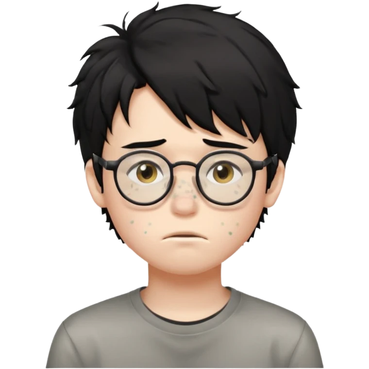 
young boy, 16 years old, messy black hair, glasses, sad face emoji emoji
