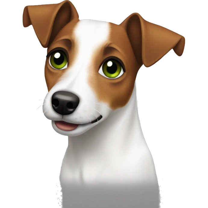Jack russel terrier with green-brown eyes, a brown spot on one ear, half of the muzzle is white emoji