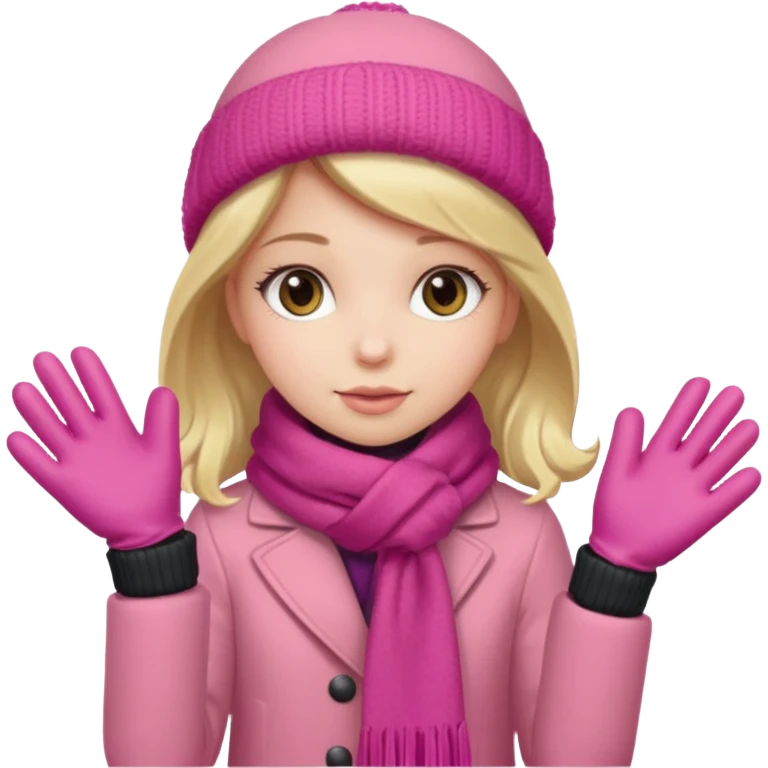 The girl is wearing a warm pink winter coat and a pair of woolen gloves. emoji