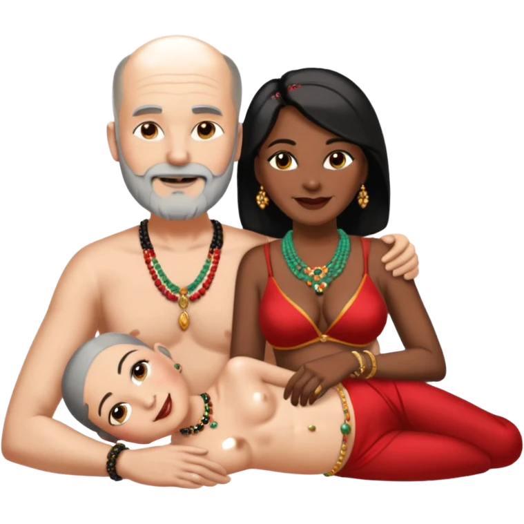 A balding man in his 60s with a grey beard lying on the thighs of a woman in her 40s with dark black hair parted in indian woman style wearing a beads chain  with the cleavage of the woman visible in both must be blissfully smiling emoji