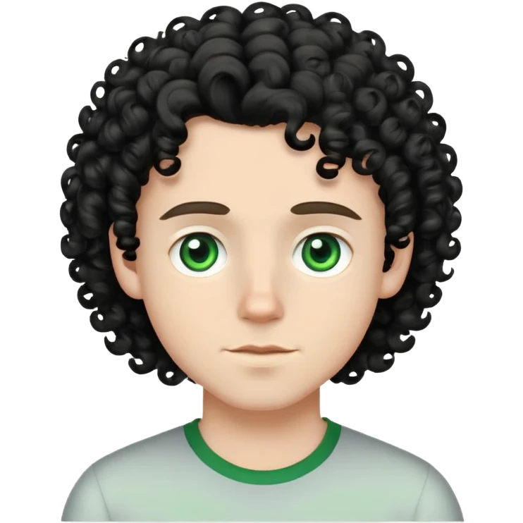 White boy with light green eyes and black medium length curly hair  emoji