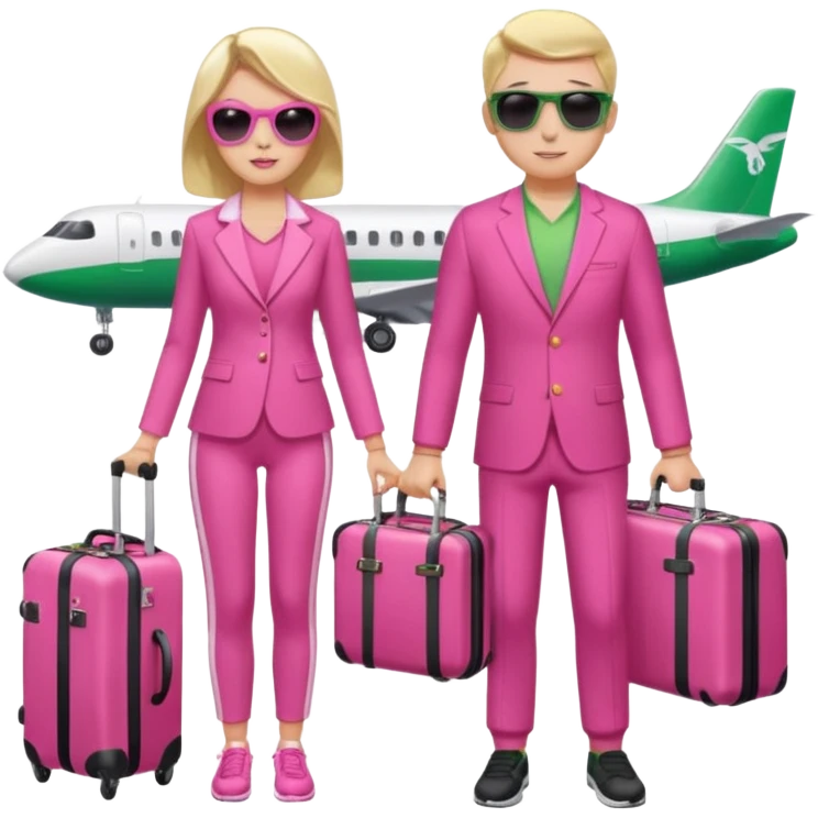 Девушка и мужчина вдвоем стоят в аэропорту с чемоданами. На фоне самолет в и табло с рейсами. Девушка в спортивном розовом , мужчина тоже в спортивном зеленом . Девушка держит дамскую сумку розовую. Мужчина держит фотоаппарат в руке и на нем солнцезащитные очки черного цвета  emoji