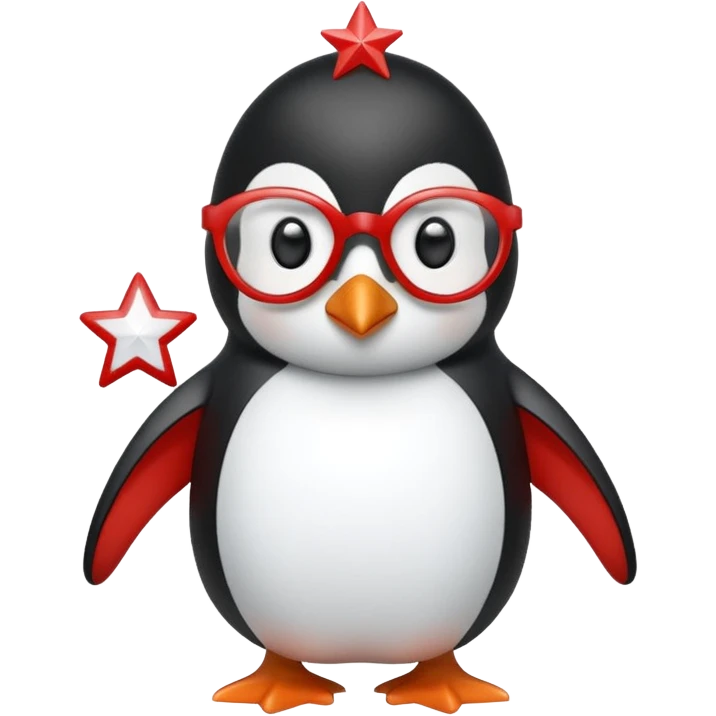 Pingüino color rojo con blanco y lentes en forma de estrella color celeste emoji