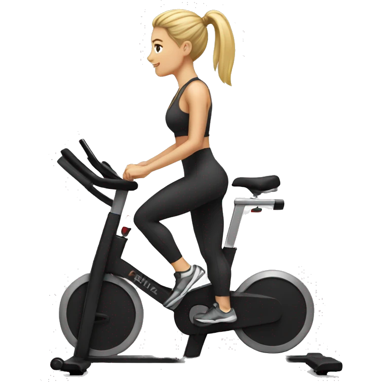 Blonde woman with ponytail and leggings on stationary bike emoji